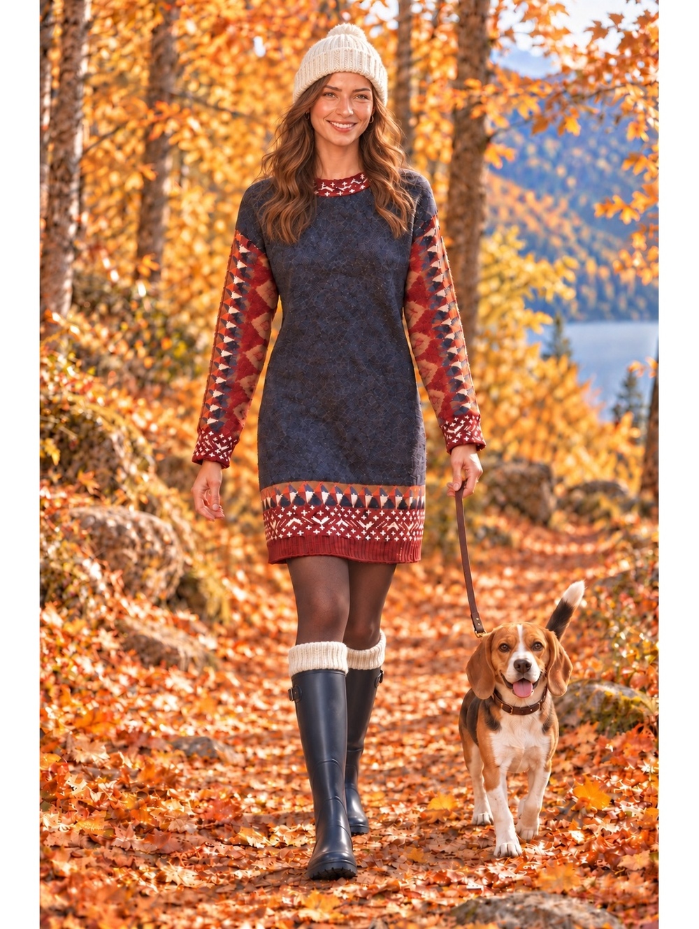 Aratta Nordic Fair Isle Sweater Dress Navy Burgundy Medium Estimated